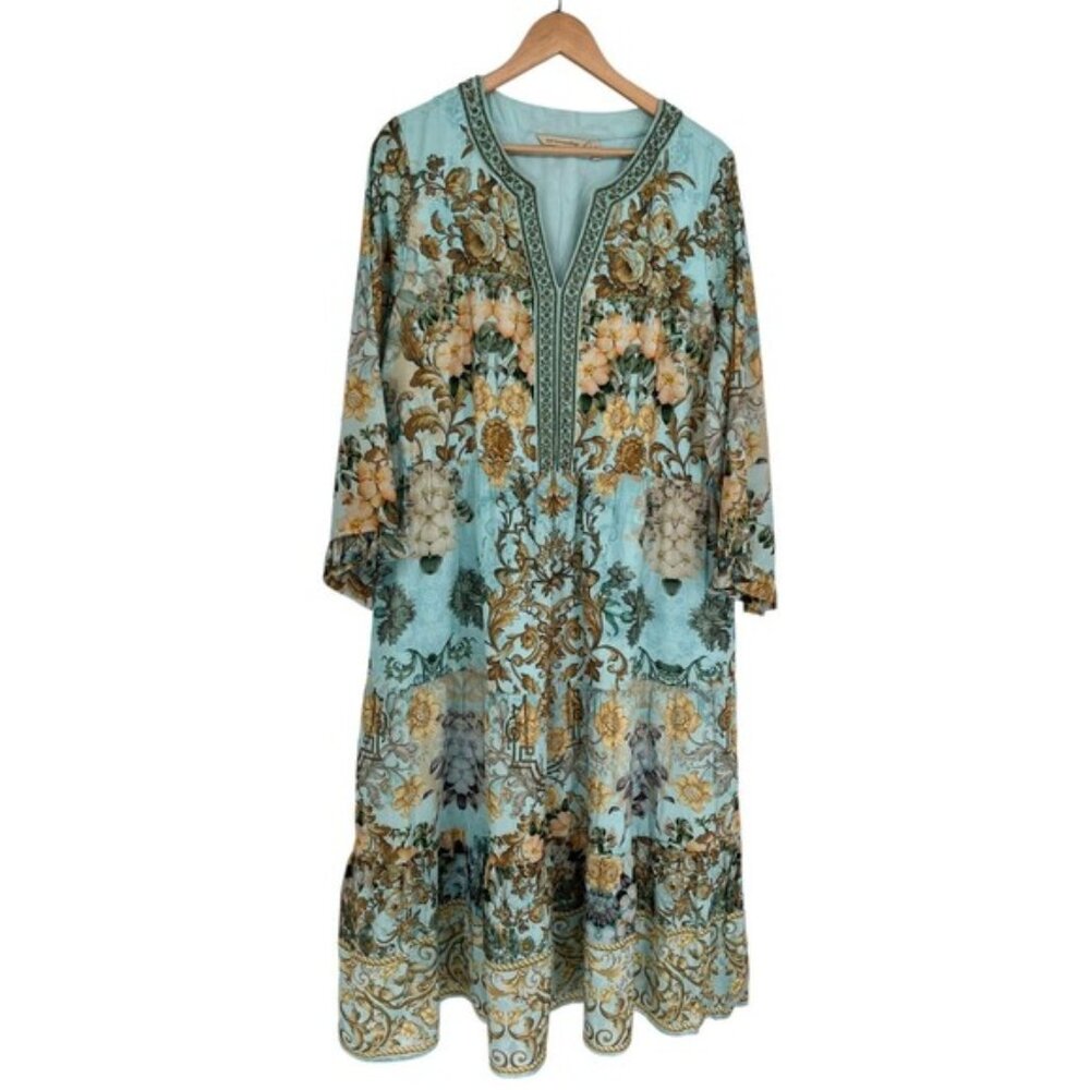 Soft Surroundings Baroque Maxi Dress Size 1X Blue Floral Beaded Boho SGC74